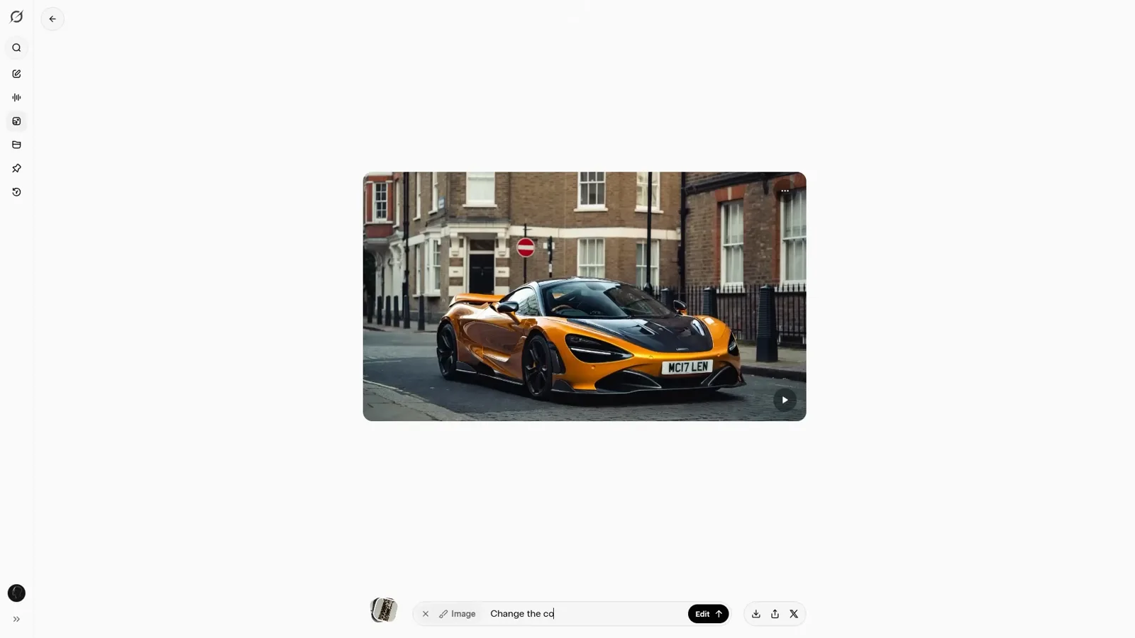 Edit prompt bar on an orange sports car image with the instruction Change the car colour mid-typing