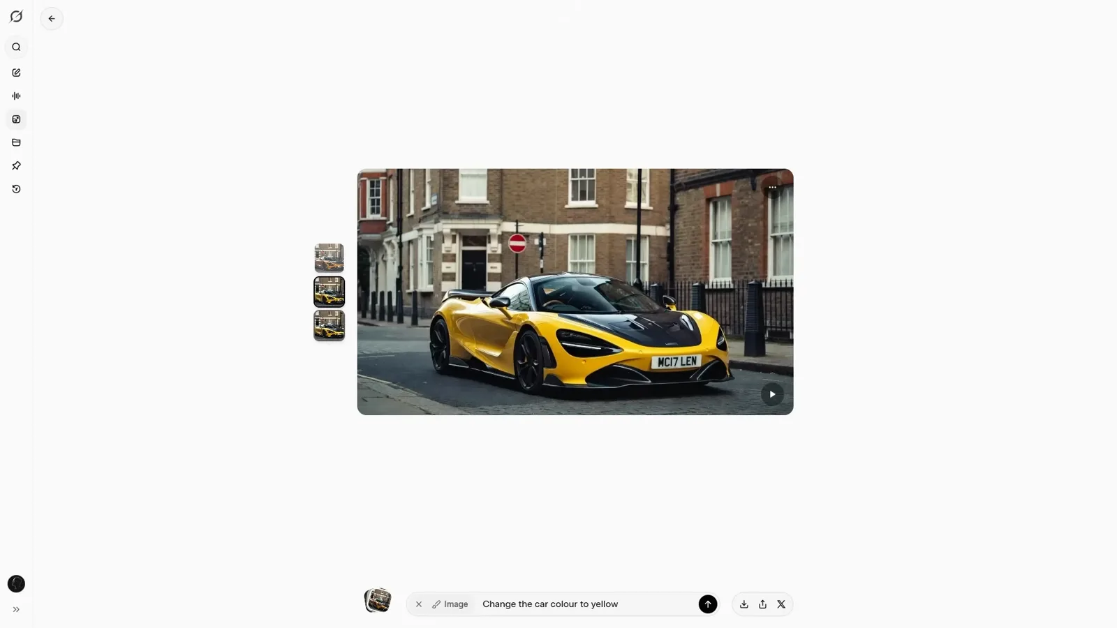 Yellow McLaren 720S result after a colour-change edit with the original orange car thumbnails stacked on the left