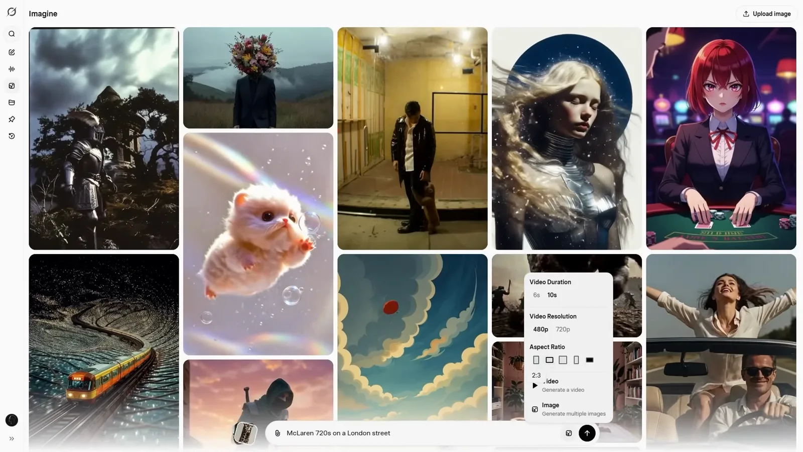 Action menu open on a Grok Imagine tile with download, video, and remix options layered over the explore grid