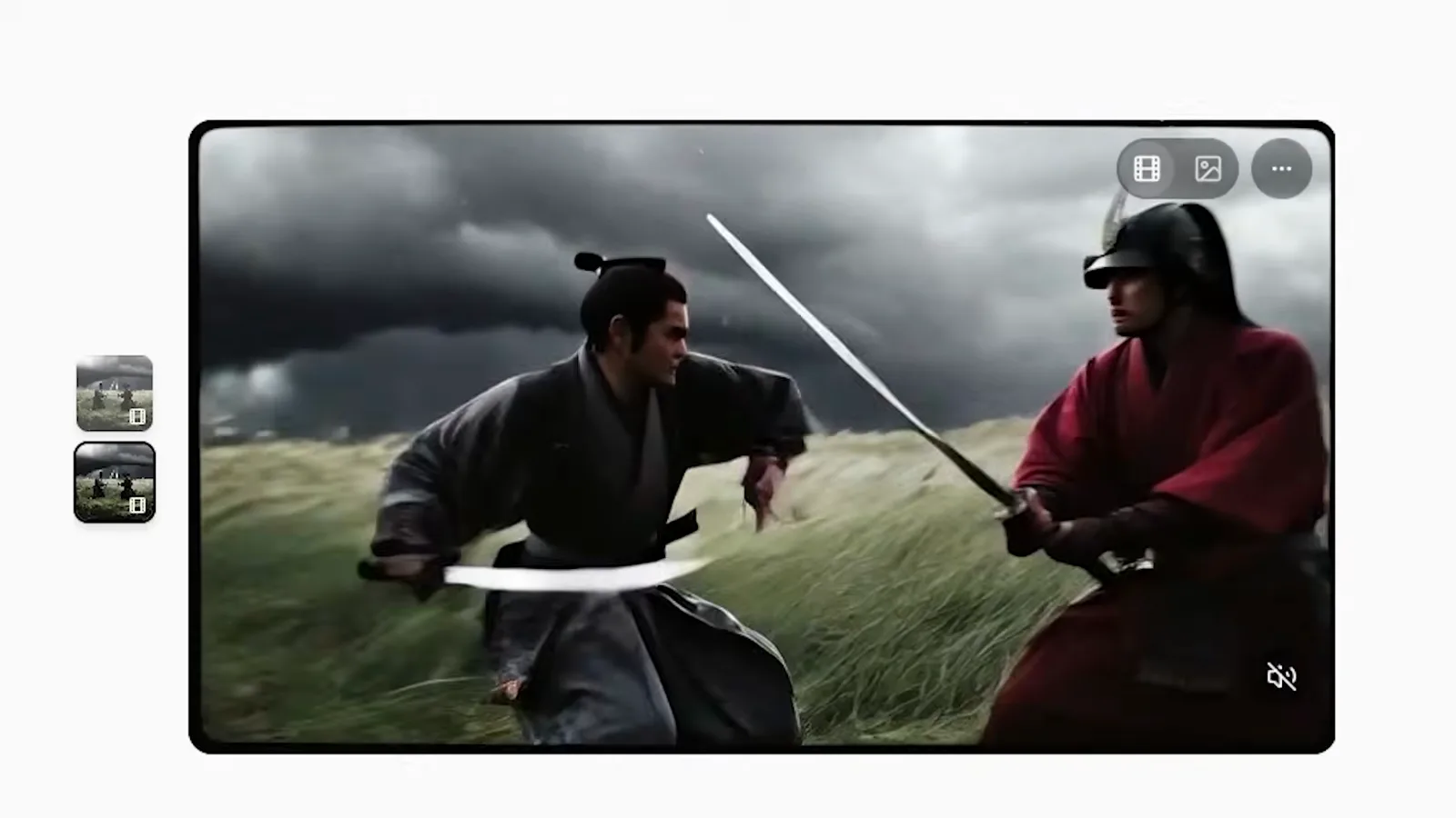 Sword-fighting samurai clip from the Grok Imagine explore wall selected at its opening frame for remixing