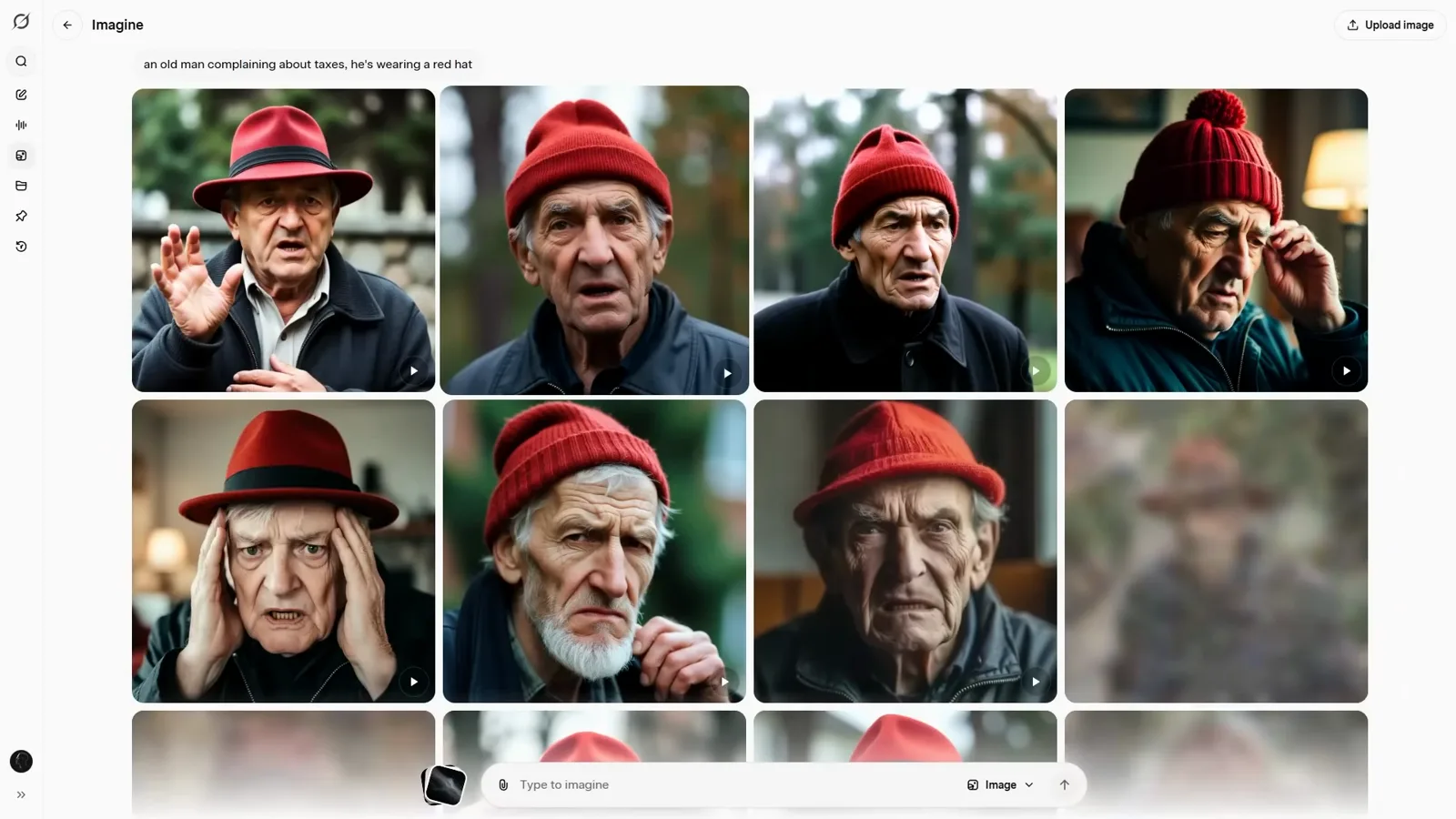 Sixteen-variant batch of an old man in a red hat generated as stills before video conversion in Grok Imagine