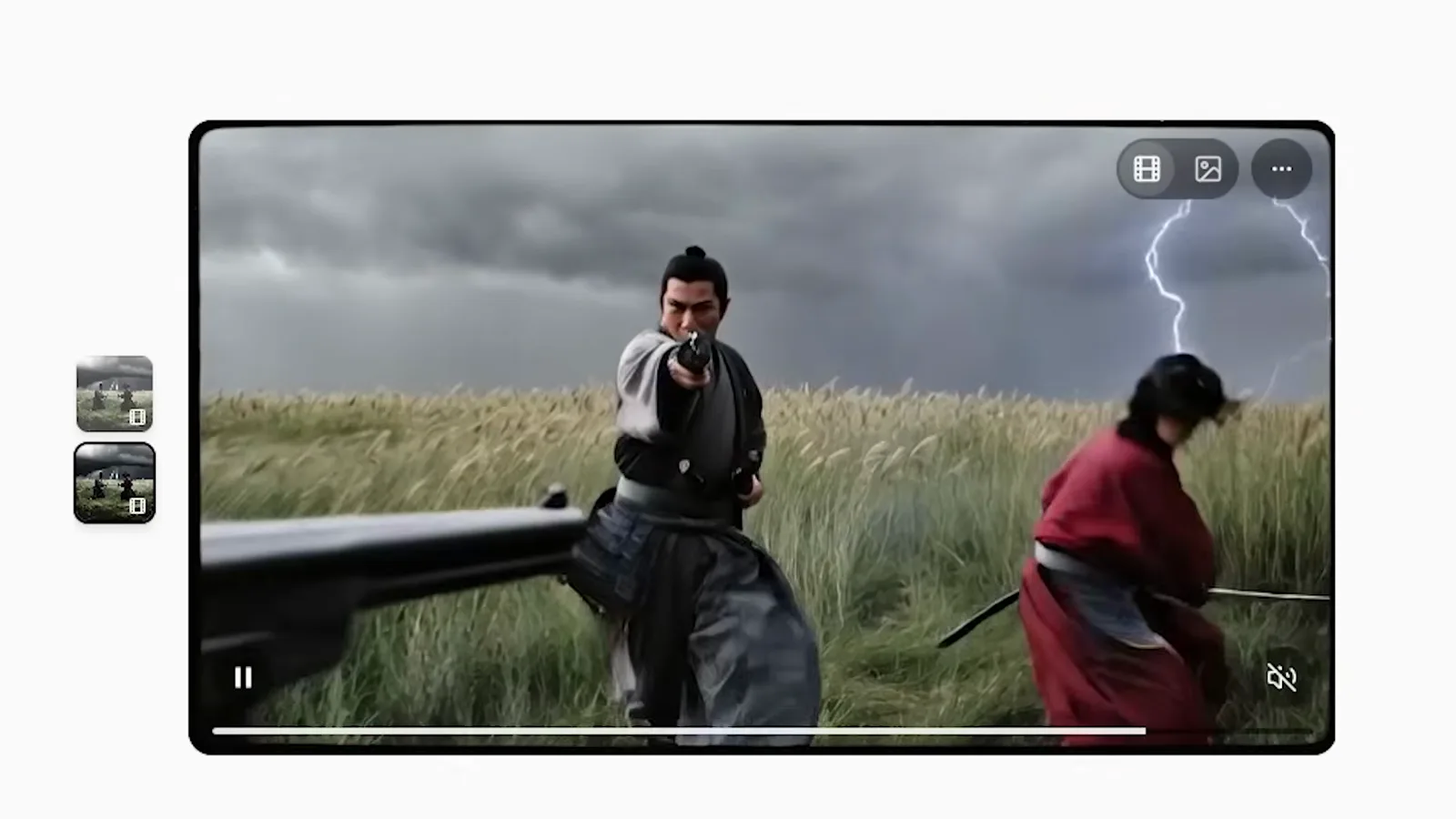 Remixed Grok Imagine clip of a samurai firing a pistol in a storm-lit field while keeping the original composition