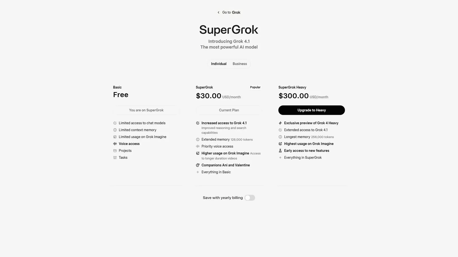 SuperGrok pricing page comparing the Free, $30 SuperGrok, and $300 SuperGrok Heavy plans side by side