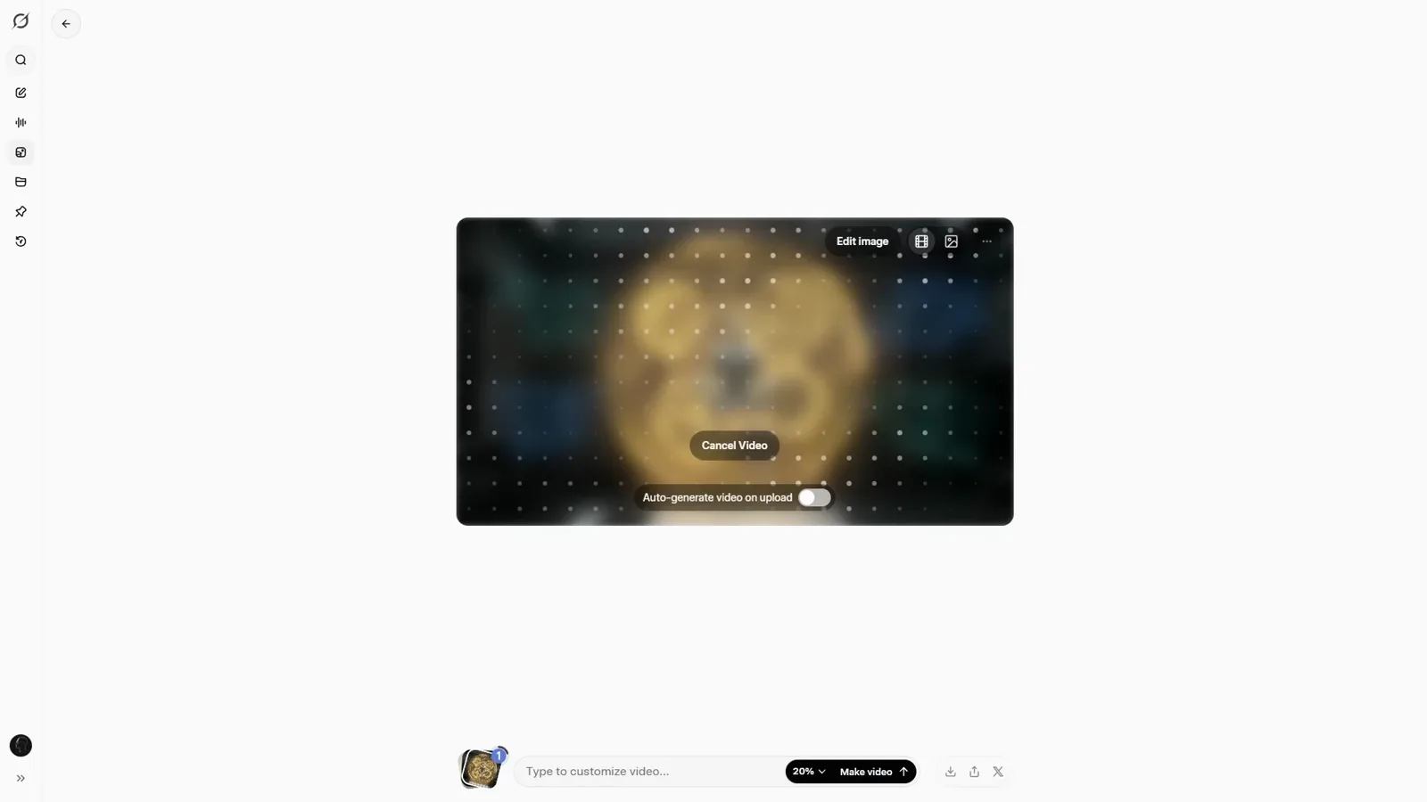 Uploaded photo converting to video in Grok Imagine with the auto-generate-on-upload toggle and Cancel Video control visible