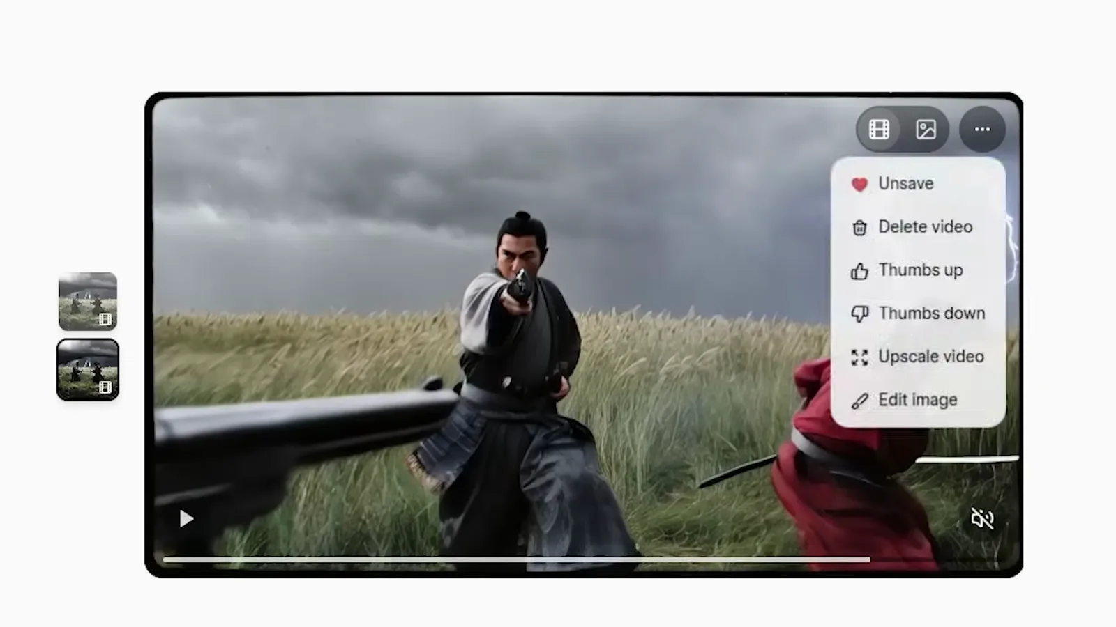 Right-click menu on a samurai video clip highlighting the Upscale video option among delete and rating actions
