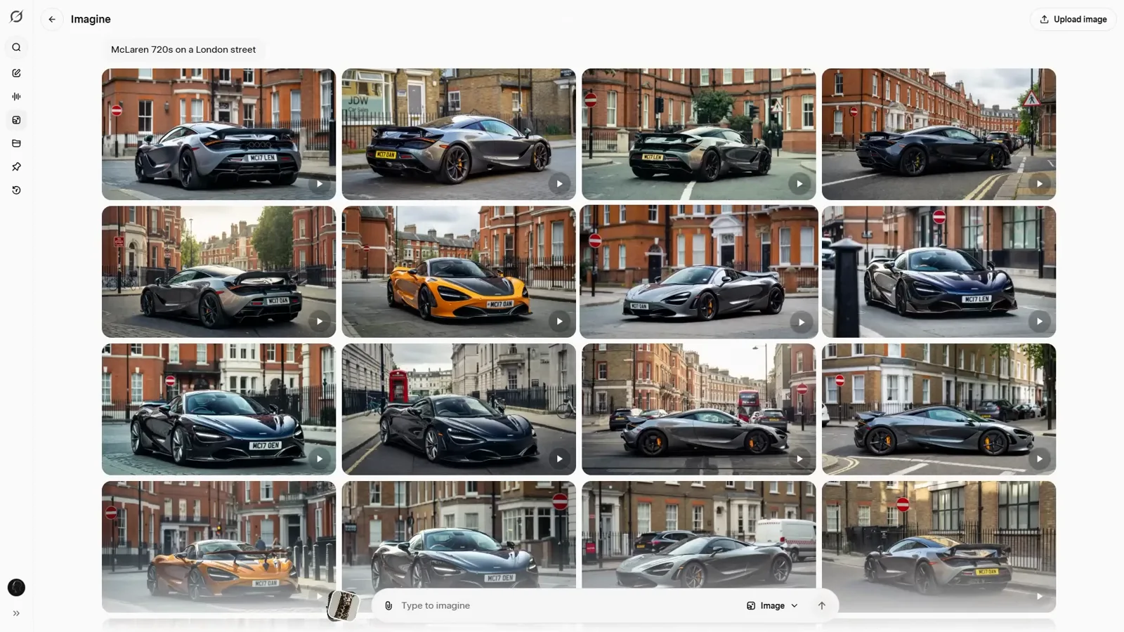 Prompt bar reading McLaren 720S on a London street above a finished grid of sports cars on brick London streets