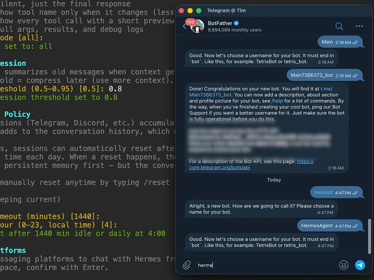 Telegram BotFather chat accepting the HermesAgent bot name and a username ending in bot Telegram BotFather chat accepting the HermesAgent bot name and a username ending in bot