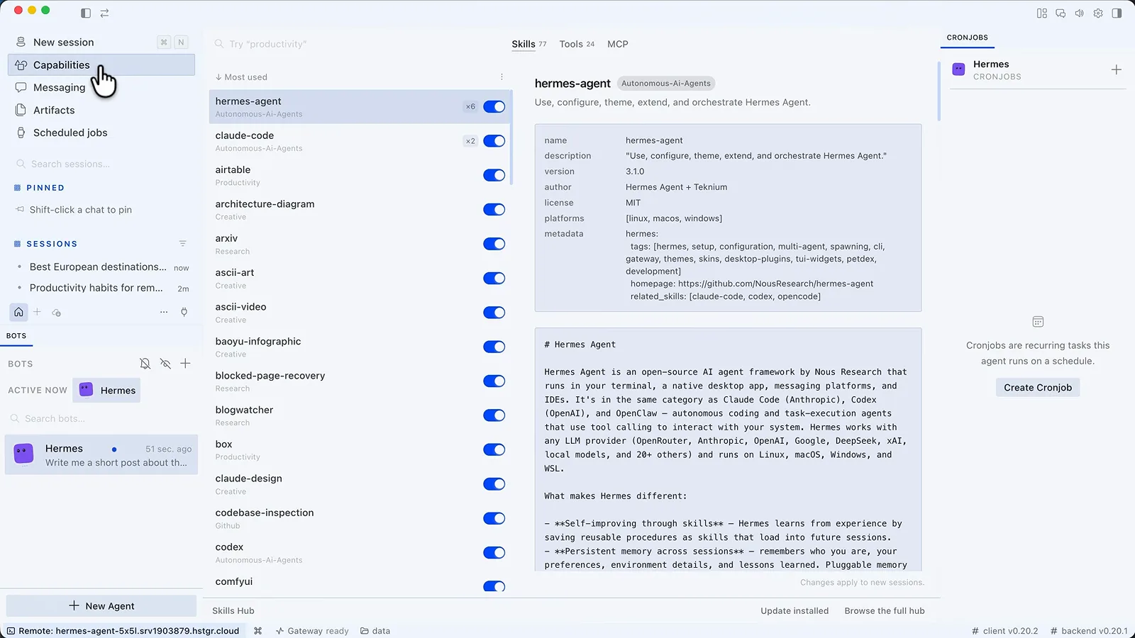 Hermes Agent Capabilities page with 77 skills listed and the hermes-agent skill source open Hermes Agent Capabilities page with 77 skills listed and the hermes-agent skill source open