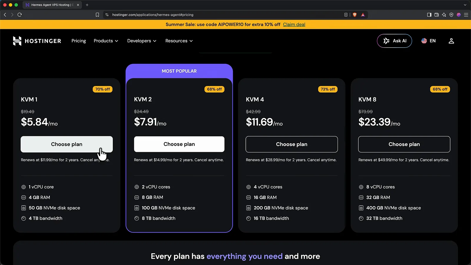 Hostinger KVM plan comparison showing KVM 1 at $5.84 per month chosen for a Hermes Agent VPS install Hostinger KVM plan comparison showing KVM 1 at $5.84 per month chosen for a Hermes Agent VPS install