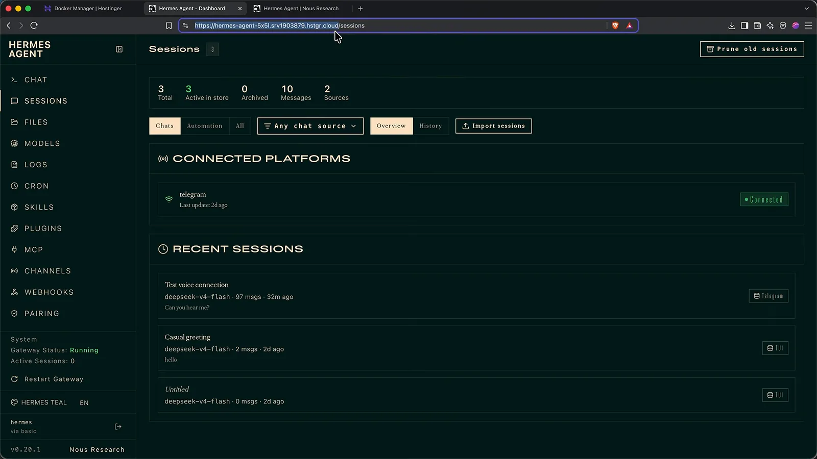 Hermes Agent dashboard Sessions page with the server URL selected in the browser address bar Hermes Agent dashboard Sessions page with the server URL selected in the browser address bar