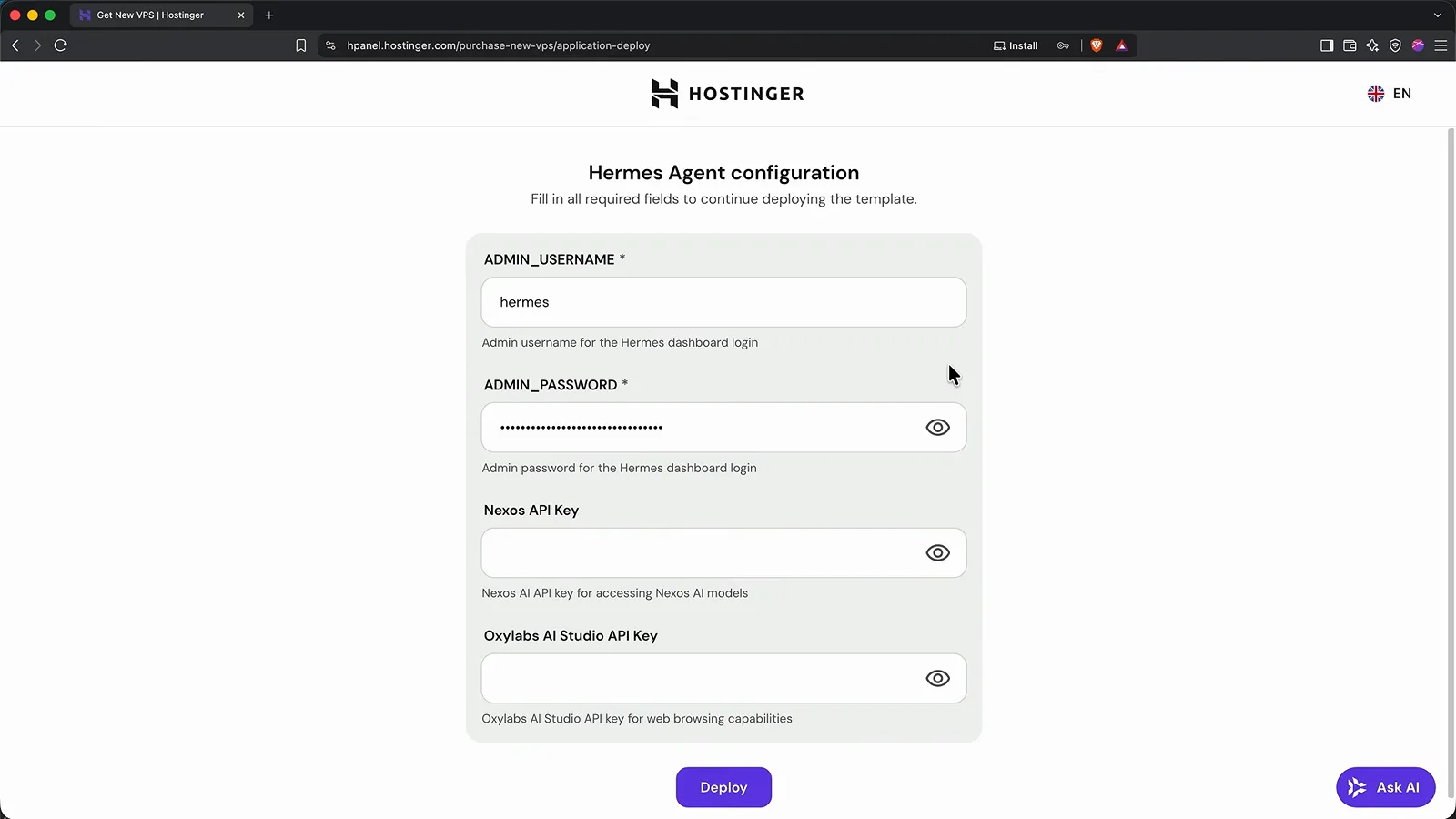 Hostinger Hermes Agent configuration form with ADMIN_USERNAME set to hermes and the ADMIN_PASSWORD reveal icon Hostinger Hermes Agent configuration form with ADMIN_USERNAME set to hermes and the ADMIN_PASSWORD reveal icon