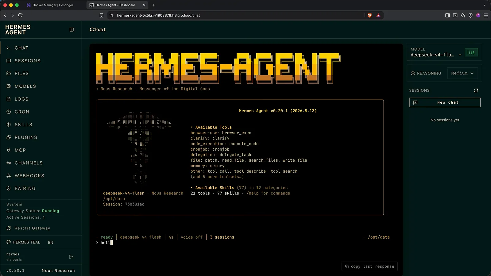 Hermes Agent chat booted on DeepSeek V4 Flash listing 21 toolsets and 77 skills before the first hello Hermes Agent chat booted on DeepSeek V4 Flash listing 21 toolsets and 77 skills before the first hello