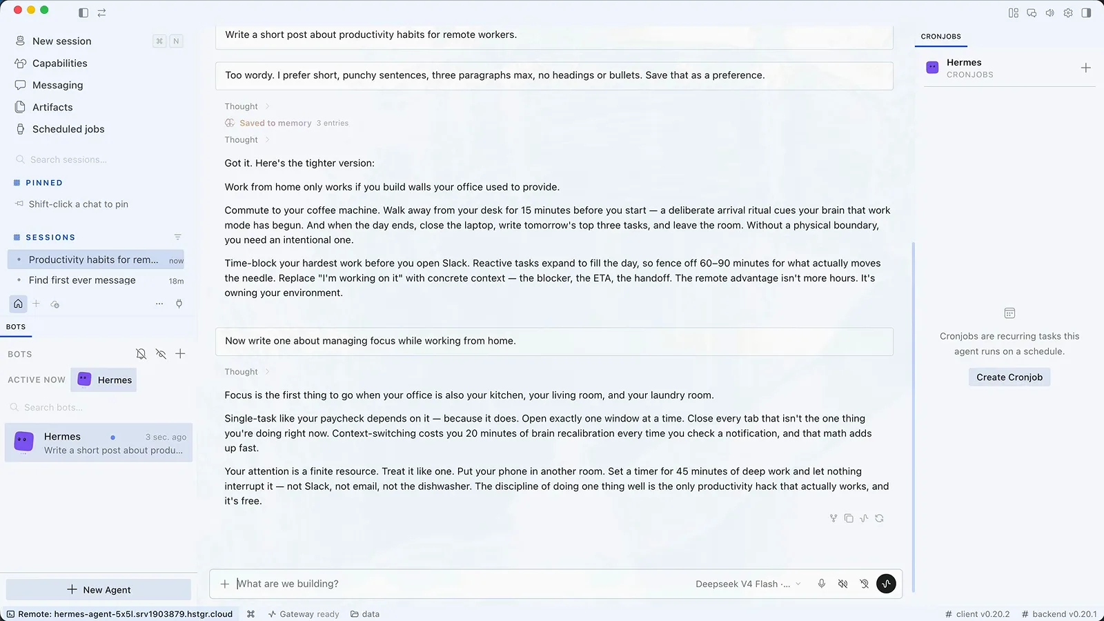 Hermes Agent chat confirming Saved to memory after a formatting preference correction Hermes Agent chat confirming Saved to memory after a formatting preference correction