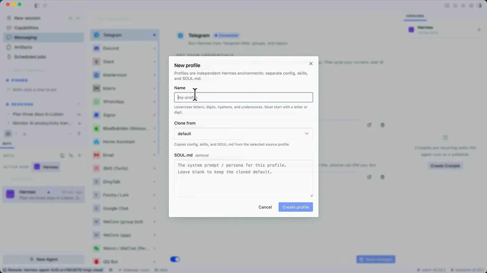 Hermes Agent New profile dialog creating an independent environment with its own SOUL.md Hermes Agent New profile dialog creating an independent environment with its own SOUL.md