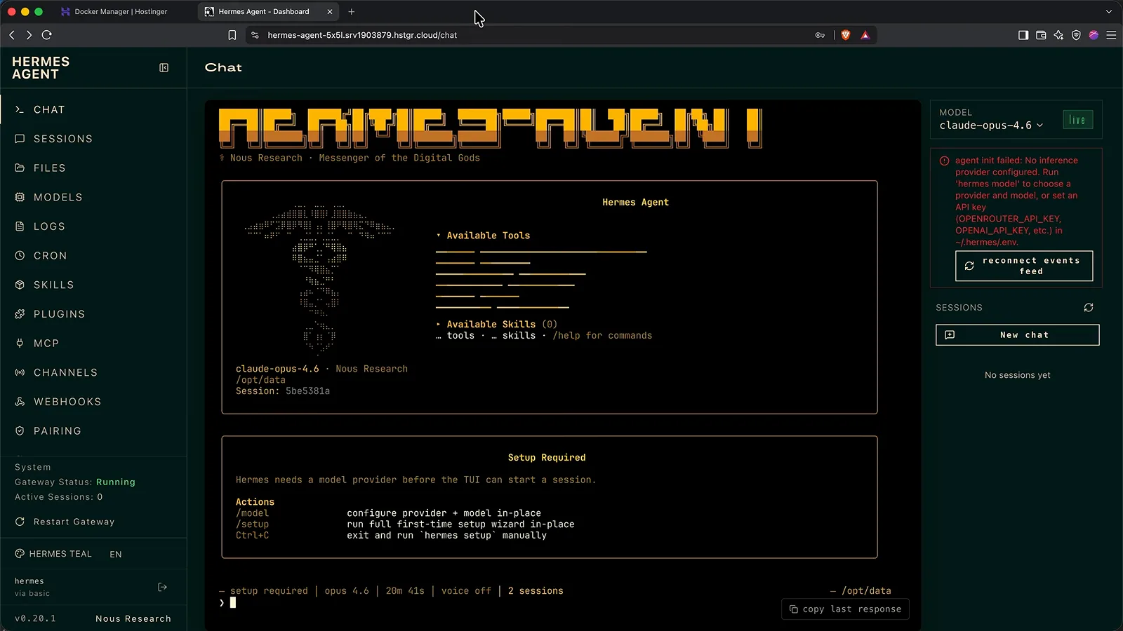 Hermes Agent chat showing the Setup Required panel and the no inference provider configured error Hermes Agent chat showing the Setup Required panel and the no inference provider configured error