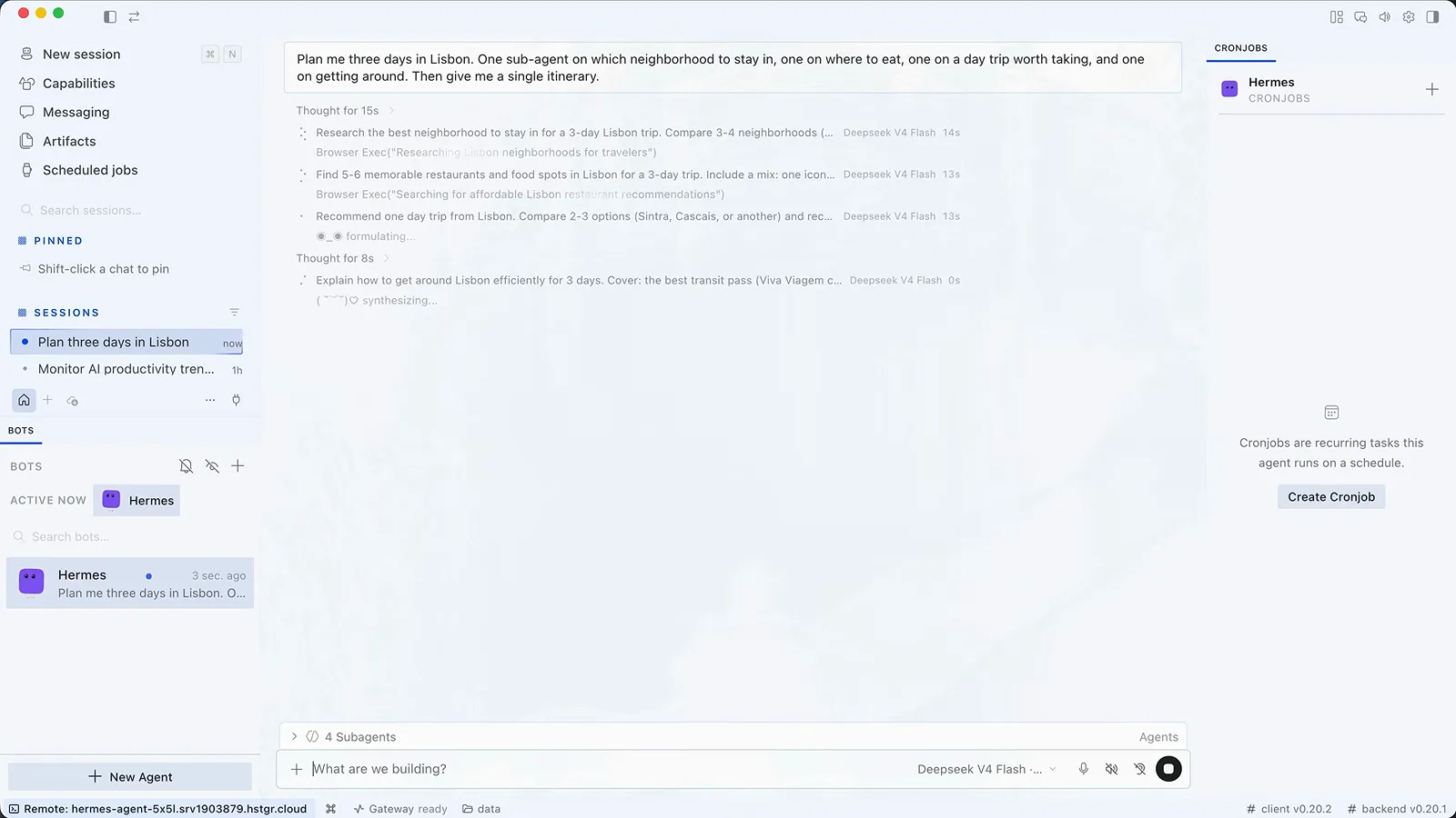 Hermes Agent delegating a Lisbon itinerary to four parallel sub-agents on DeepSeek V4 Flash Hermes Agent delegating a Lisbon itinerary to four parallel sub-agents on DeepSeek V4 Flash
