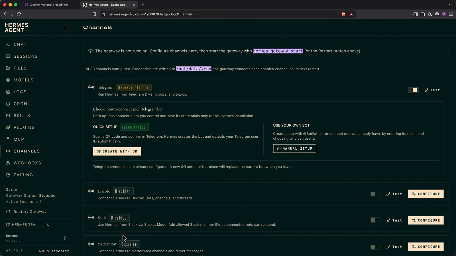Hermes Agent Channels page offering CREATE WITH QR quick setup beside MANUAL SETUP for the Telegram bot Hermes Agent Channels page offering CREATE WITH QR quick setup beside MANUAL SETUP for the Telegram bot