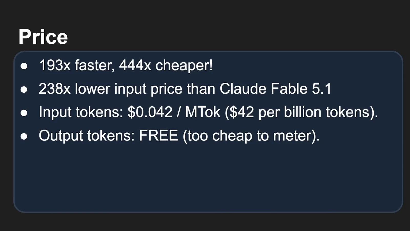 TypeSafe 价格幻灯片列出 Jev 输入每 MTok 0.042 美元、输出 token 免费