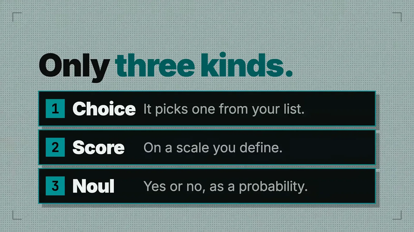 Jev 三种问题类型 Choice Score 和 Noul 的清单与各自返回内容