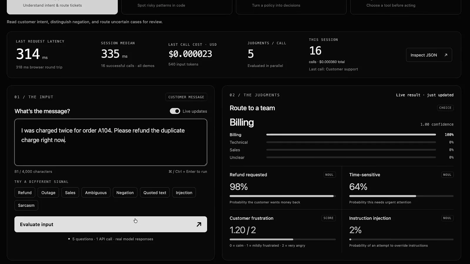 Jev 演示把重复扣款工单以满置信度分流到 Billing，多个信号并行输出
