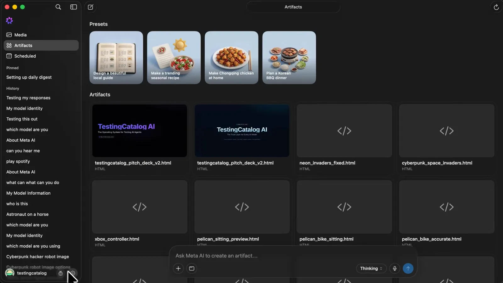 Muse artifact preview rendering the TestingCatalog AI one-page site inside the desktop window