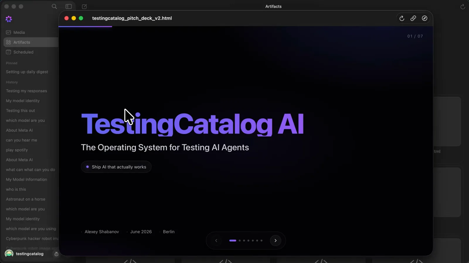 Muse Artifacts library grid mixing saved TestingCatalog pages with reusable preset cards above the composer