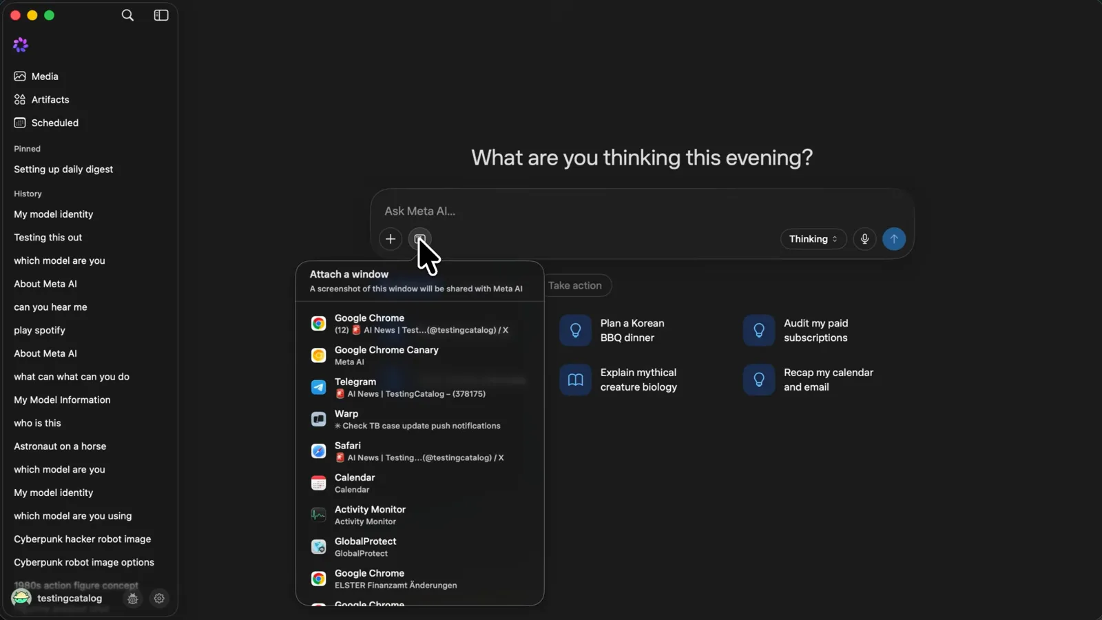 Muse Attach a window picker listing Calendar, Safari, Telegram and Warp with a note that a screenshot will be shared with Meta AI