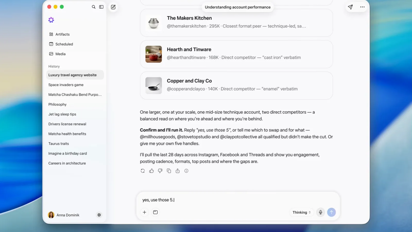 Muse chat asking to confirm and run the five-brand set while the reply Yes, use those 5 sits typed in the composer