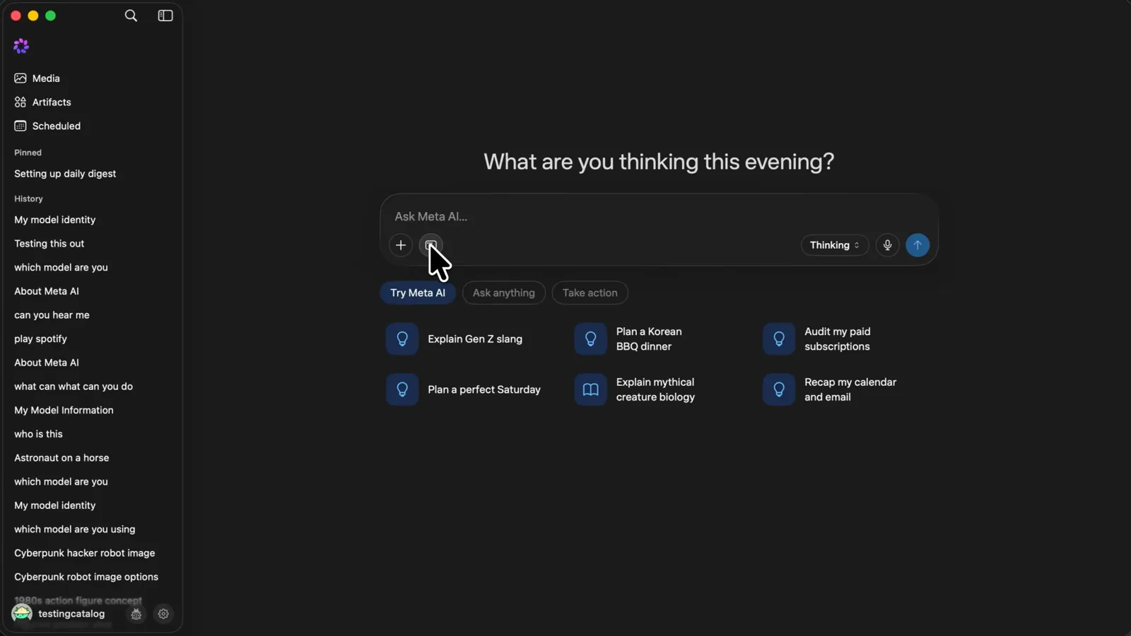 Muse home screen offering a Recap my calendar and email suggestion chip under the Ask Meta AI composer