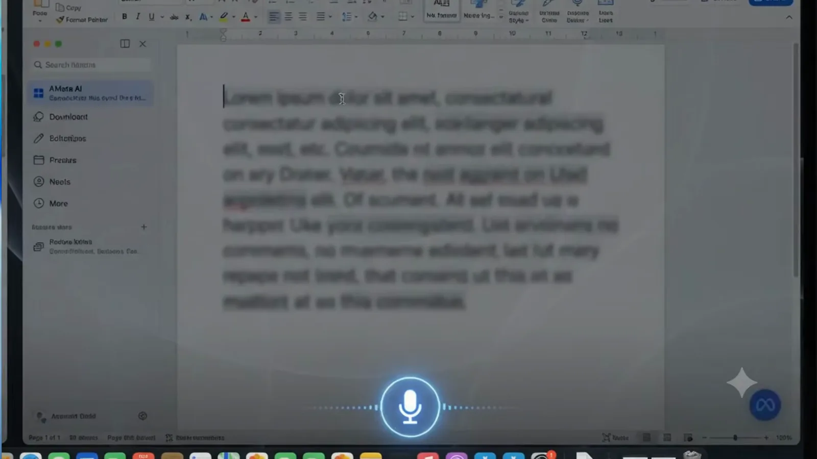 Mac Notes window dimmed under Muse dictation with a blue waveform microphone capturing spoken text inline