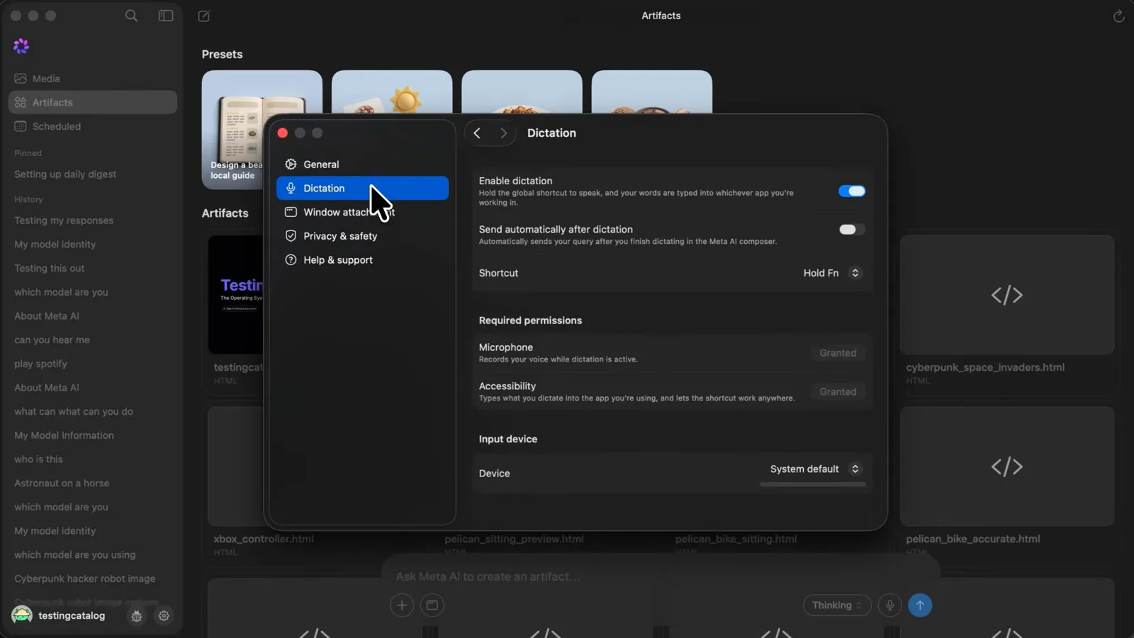 Muse settings open on the Dictation pane listing required Microphone and Accessibility permissions beside the Enable dictation toggle