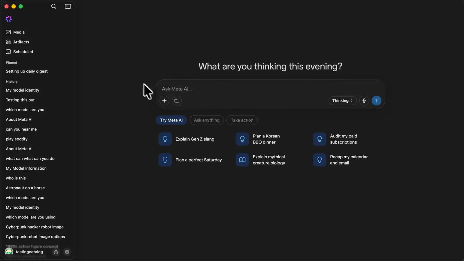 Muse desktop home on macOS asking What are you thinking this evening above suggestion chips with the History sidebar filling the left rail