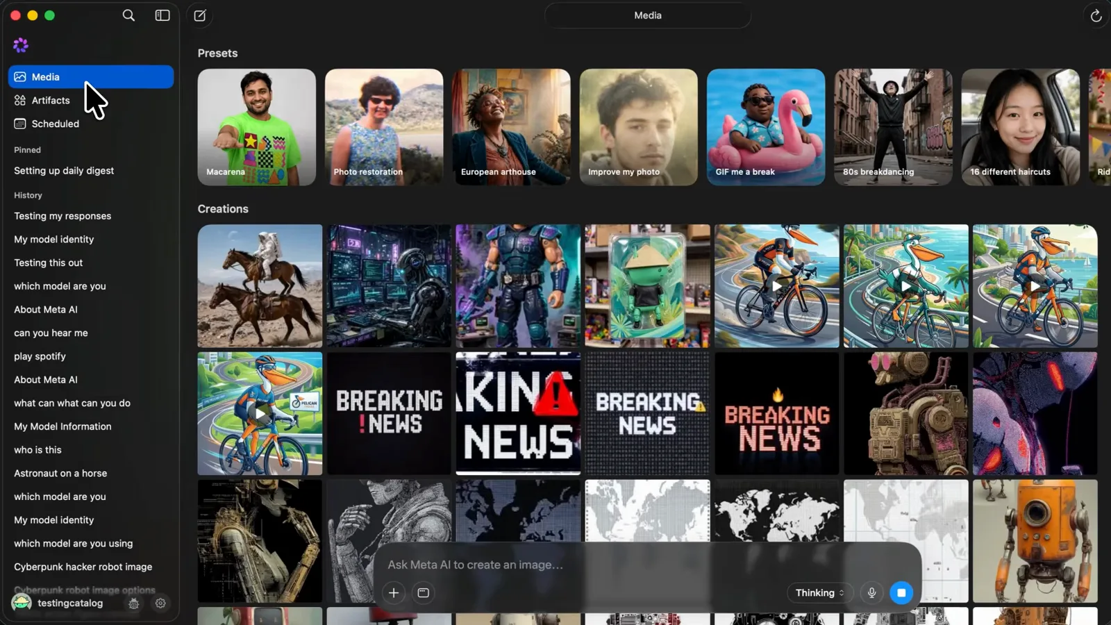 Muse Media view showing a Creations grid of generated video thumbnails under a Presets row