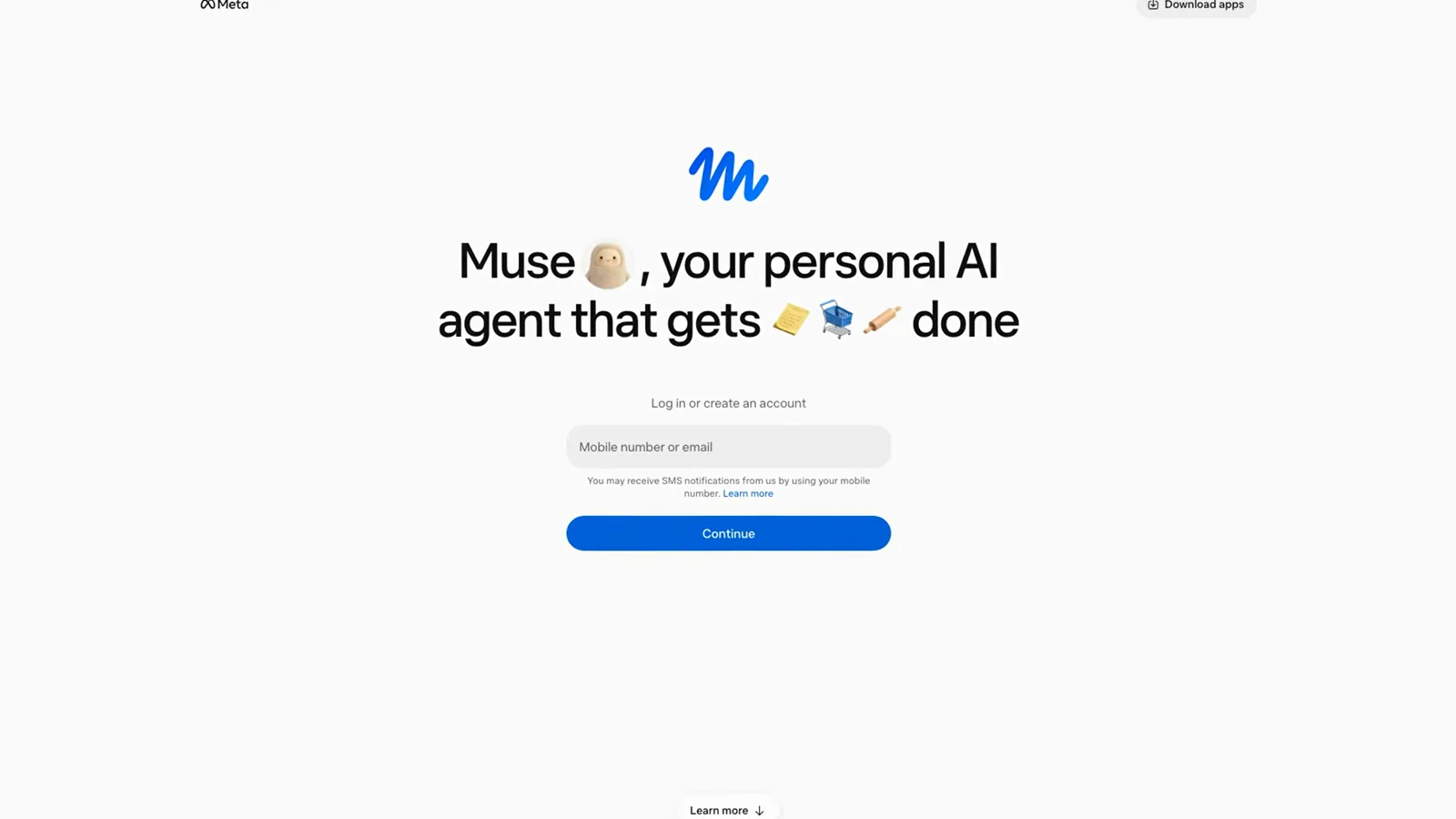 muse.meta.com sign-in page reading Muse, your personal AI agent that gets it done, with one blue Continue button under the login field