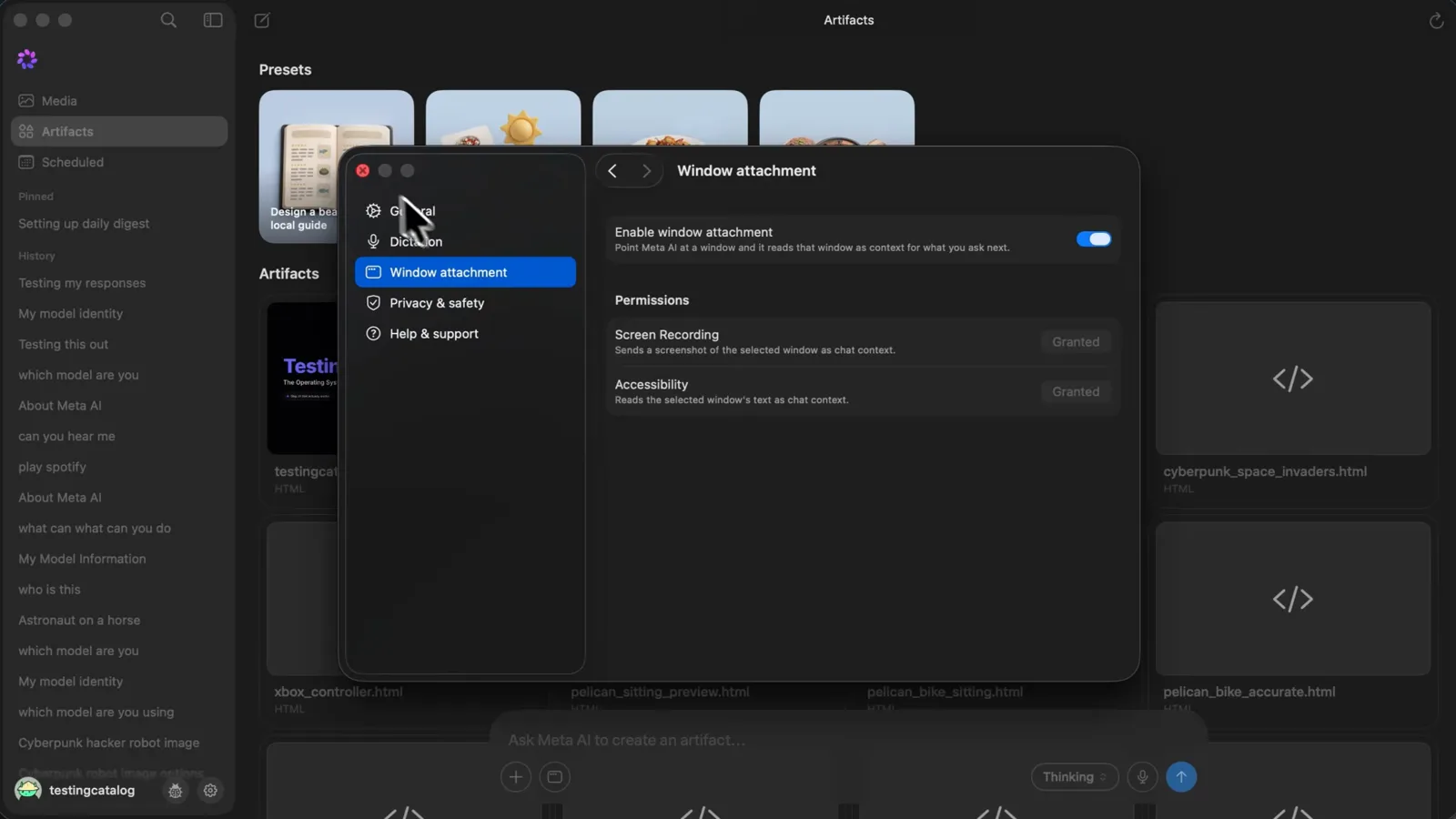 Muse settings pane for Window attachment with the enable toggle switched on and Screen Recording plus Accessibility permission rows below