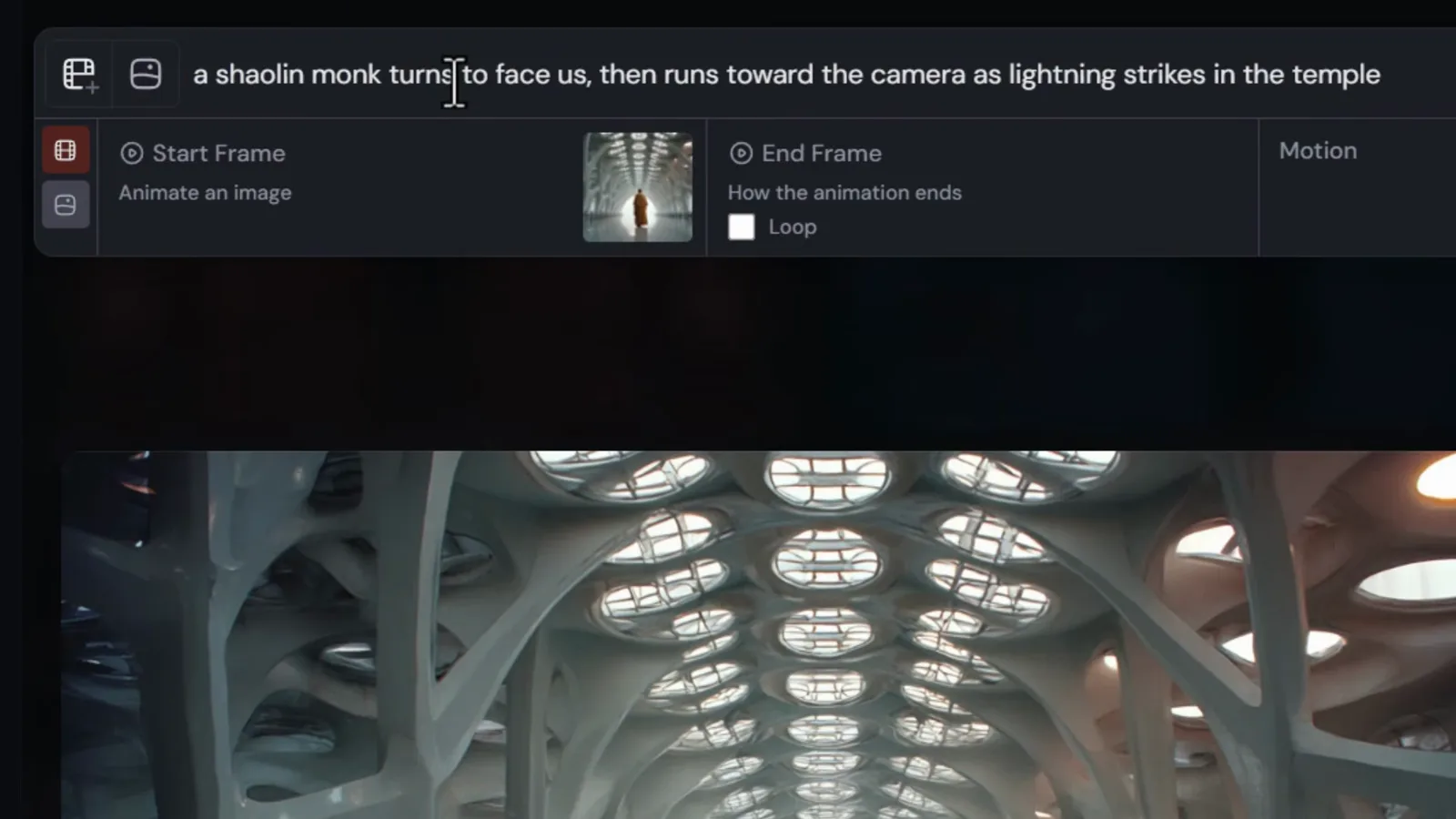 Midjourney Animate Manually panel with the temple image set as start frame, the monk running motion prompt above, and loop and motion controls