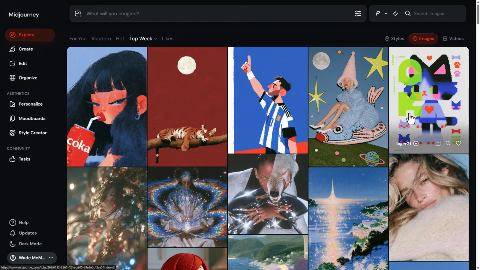 Midjourney Explore page gallery of trending AI images with the navigation sidebar and search tools visible