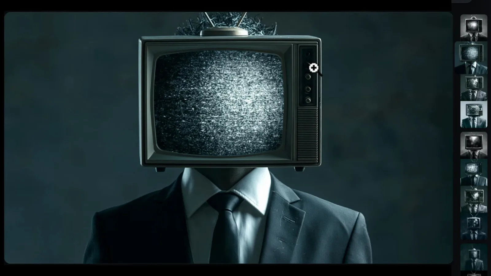 Midjourney full-screen image viewer displaying the television-head businessman at large size with the batch filmstrip on the right