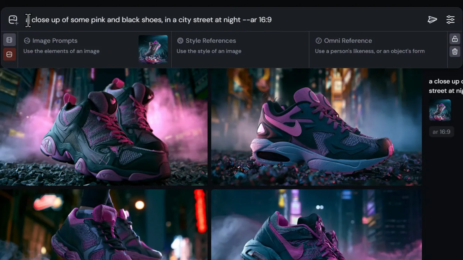 Midjourney prompt bar chips for Image Prompts, Style References and Omni Reference above a grid of pink and black sneaker results at 16:9