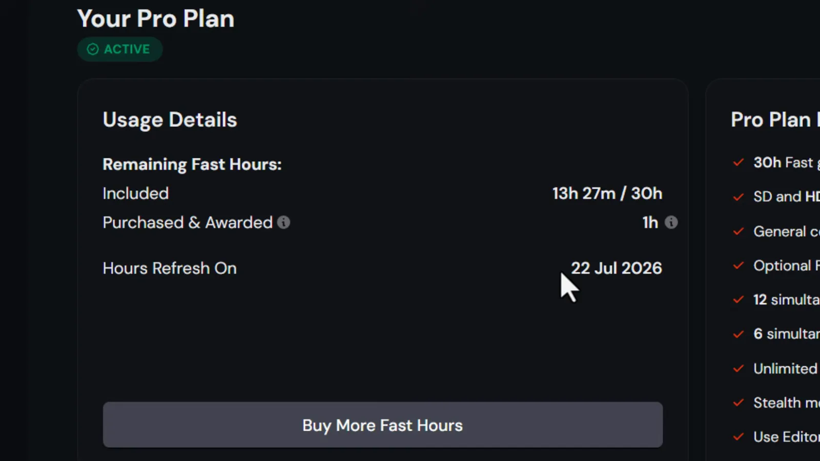 Midjourney subscription Usage Details page showing 13h 27m of remaining fast hours on a Pro plan with the hours refresh date