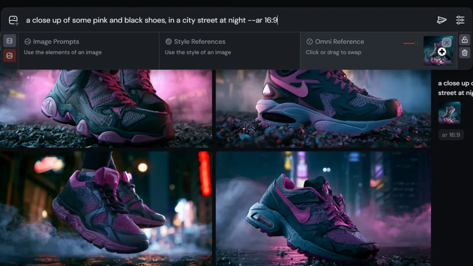 Midjourney Omni Reference chip with its strength slider and attached sneaker thumbnail above four pink and black shoe generations