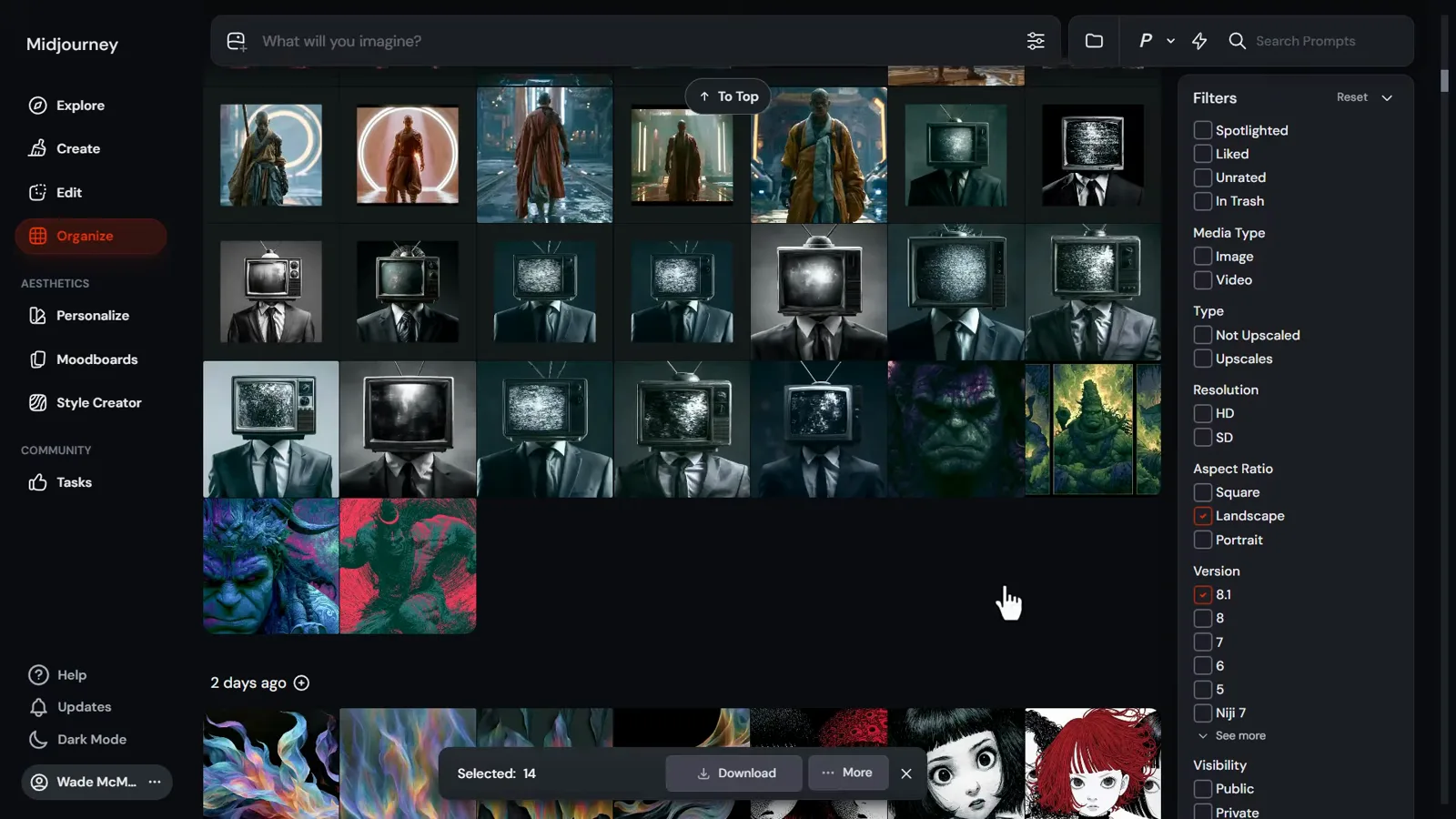 Midjourney Organize tab with a grid of generated images, version and media type filters, and bulk selection controls
