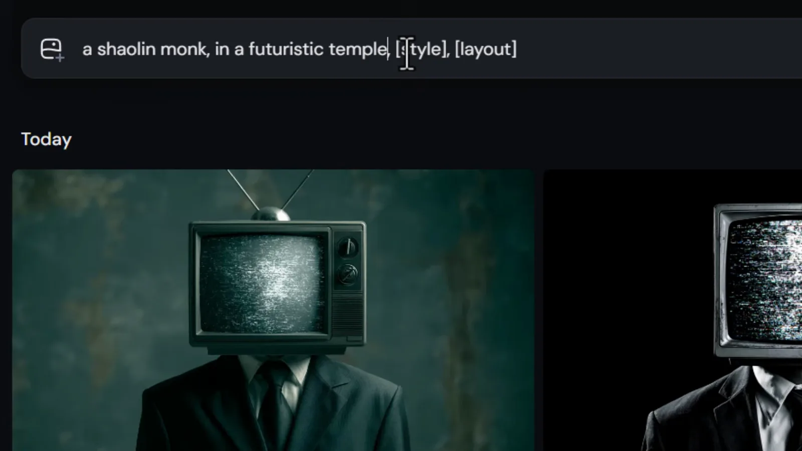 Midjourney prompt bar mid-fill reading a shaolin monk, in a futuristic temple with the style and layout slots still to be completed