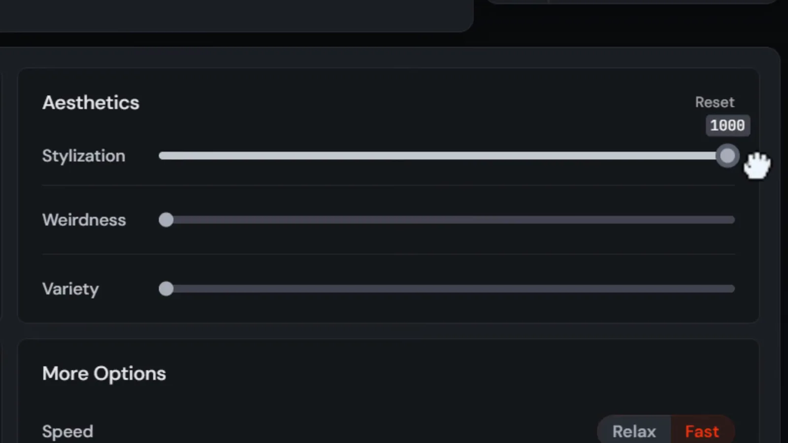 Midjourney Aesthetics sliders with Stylization dragged to its 1000 maximum above Weirdness and Variety at their minimums