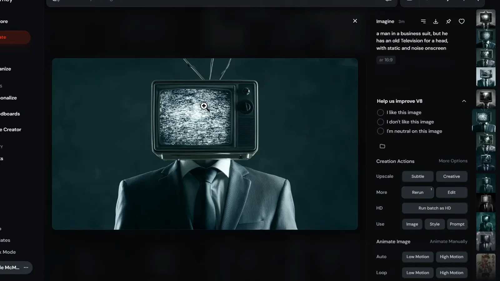 Midjourney Creation Actions panel showing Upscale Subtle and Upscale Creative buttons beside the open television-head image