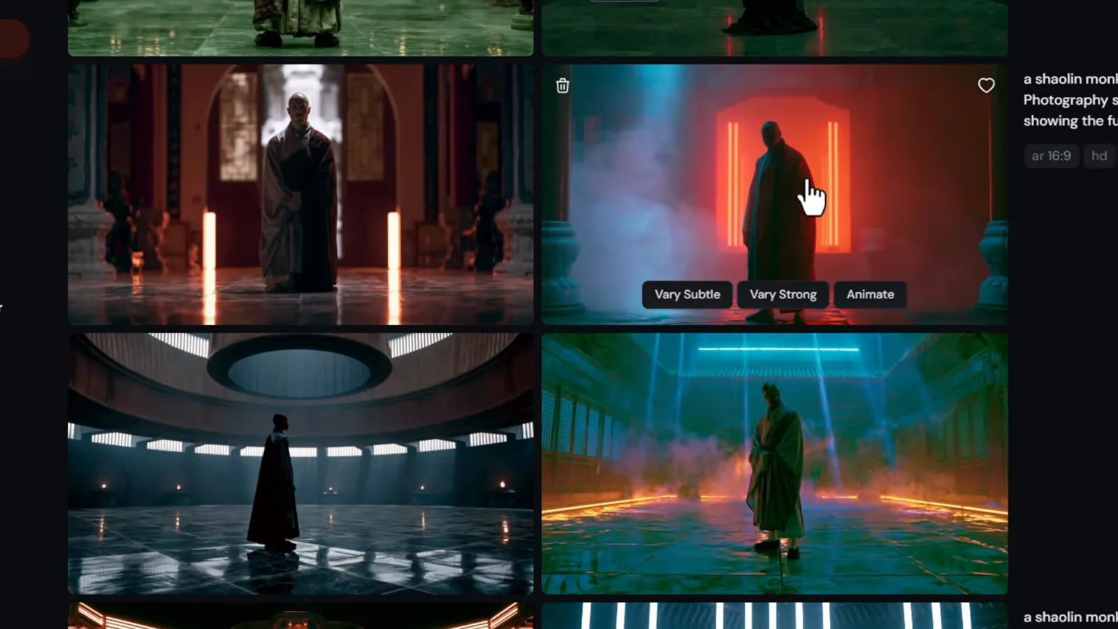 Midjourney grid of neon temple images with Vary Subtle, Vary Strong and Animate hover buttons visible under the selected frame