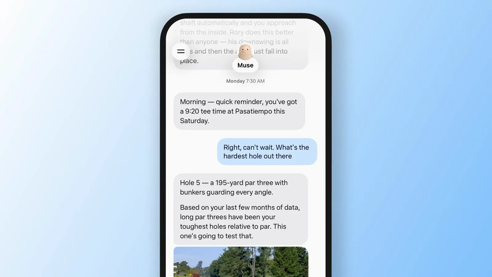 Muse app chat thread mixing a Pasatiempo tee-time reminder with Hole 5 course-management coaching