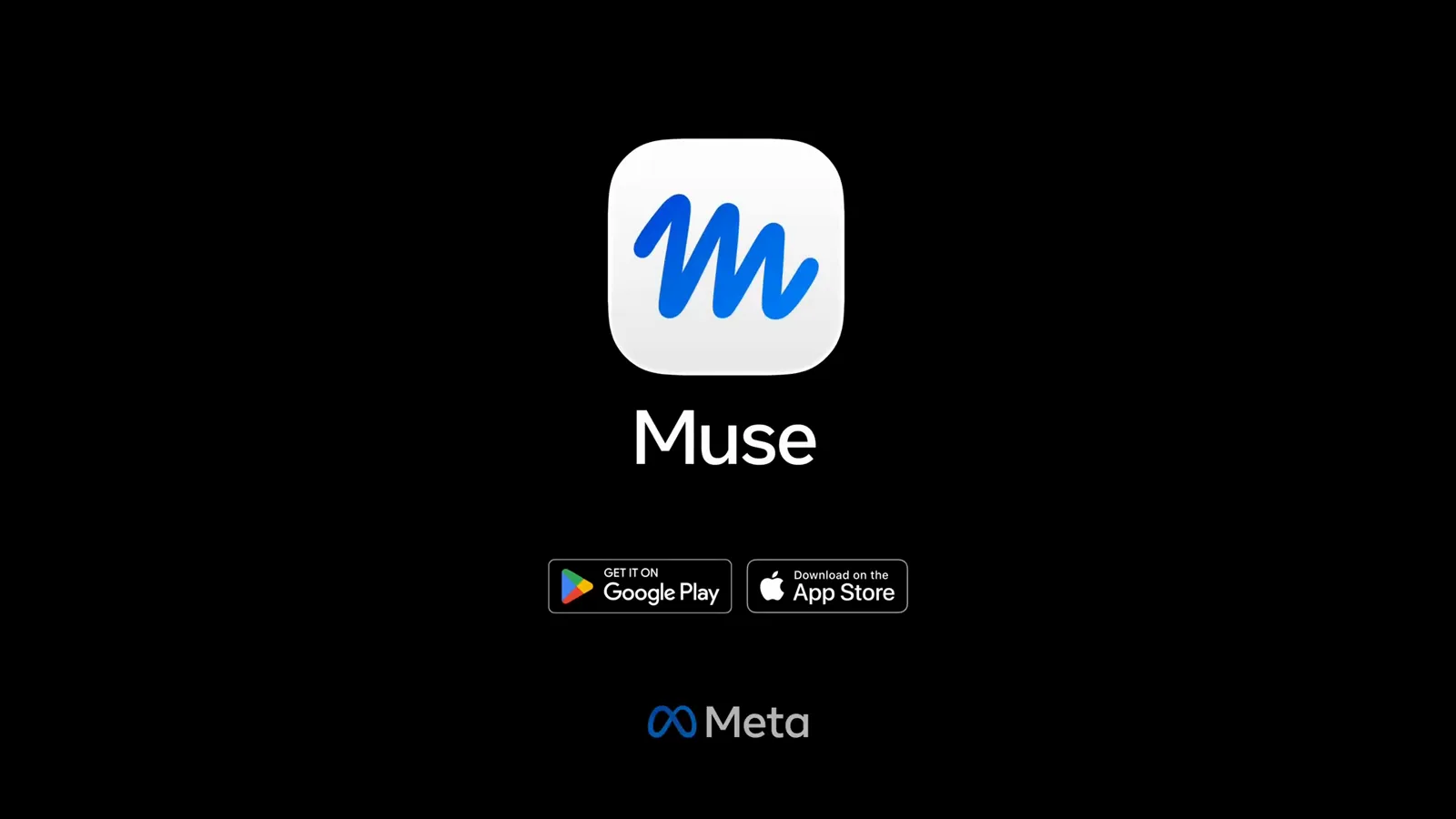 Muse app end card showing Google Play and App Store download buttons under the Meta logo