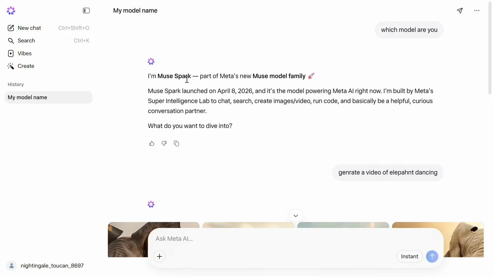meta.ai generating dancing elephant images from a single prompt with results lined up behind the composer