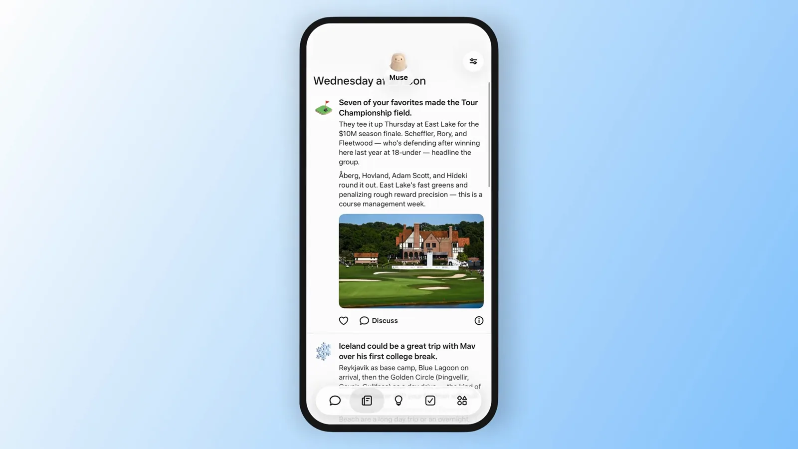 Muse feed post with a Seacliff golf course photo and a Discuss button on a Wednesday afternoon